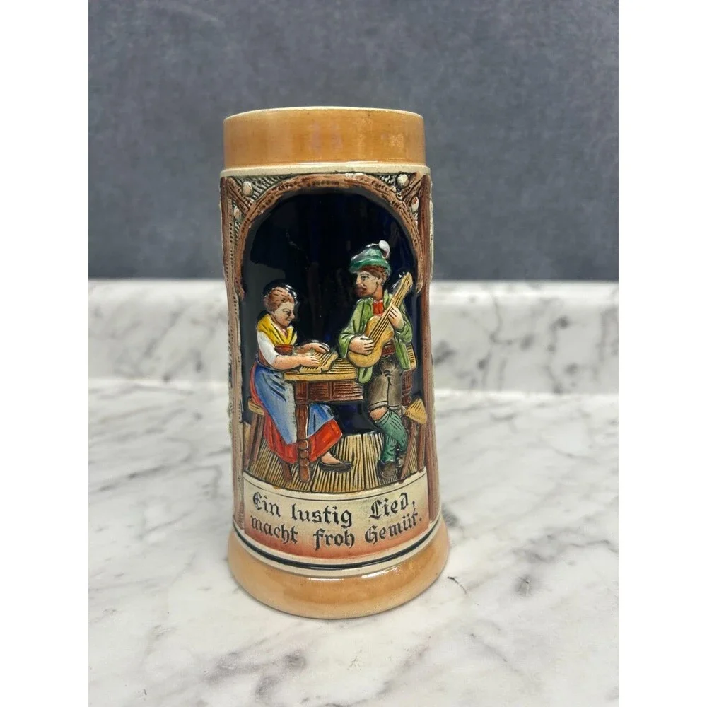 Vintage German Beer Stein Pewter Open Ein Lustig Lied Relief Made In Germany 7